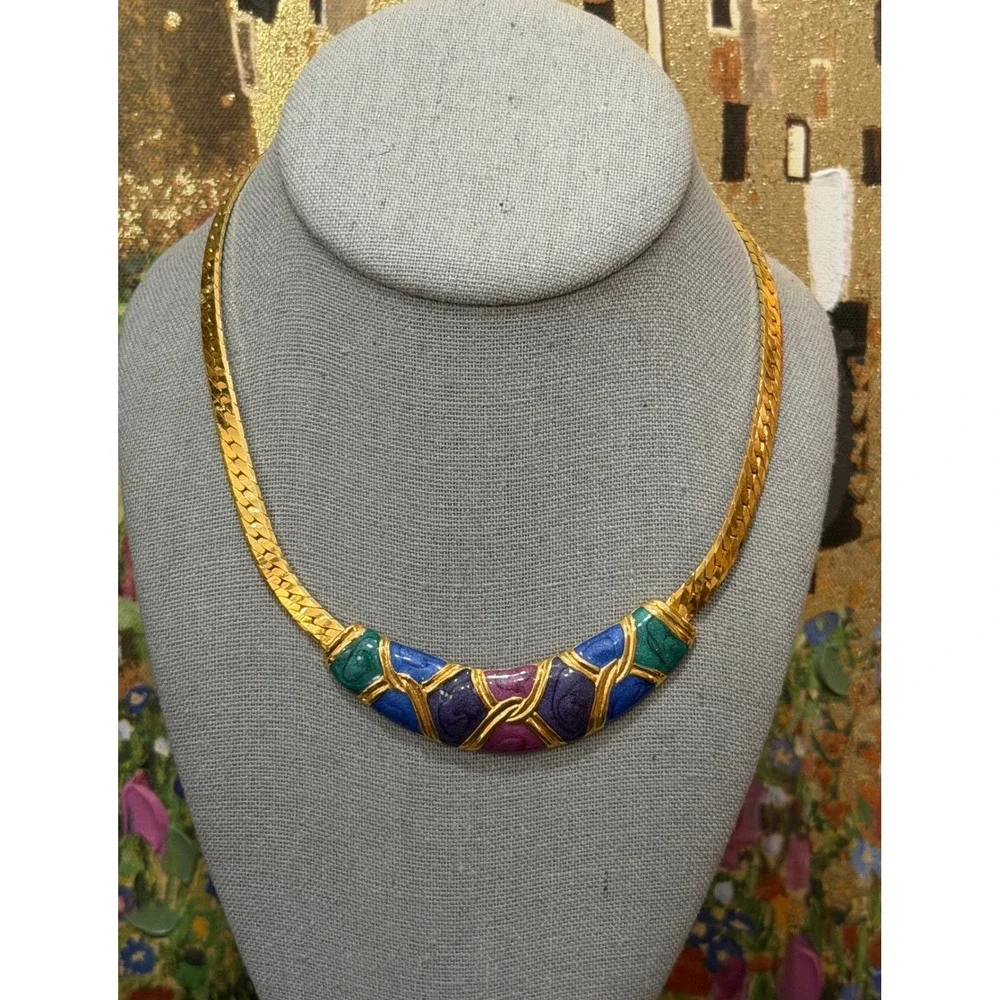 Vintage Enamel Jewel Tone Collar Necklace Womens Gold Tone Herringbone 16